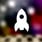 Prepare an icon for website, white colored 2d rocket logo, background is blurry and has black purple red yellow colors with a slightly low exposure