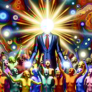 godly looking human, business person whos face is a lightball, hugged and surrounded by supporters, everyone is encouraged and ecstatic, characters a-1 godly looking human, business person whos face is a lightball, hugged and surrounded by supporters, everyone is encouraged and ecstatic, characters a-1