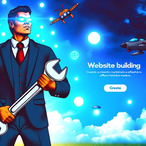 website building marketing poster, main character is superman who wears business suit with a wrench, blue sky and cloud background that has drones and